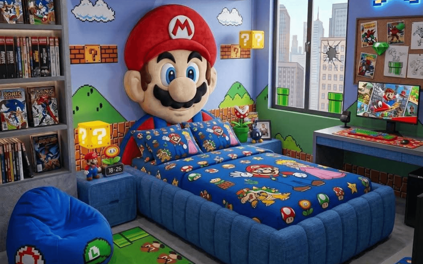 Video-game bedroom with a soft-sculpted cartoon character headboard above a blue channel-tufted bed