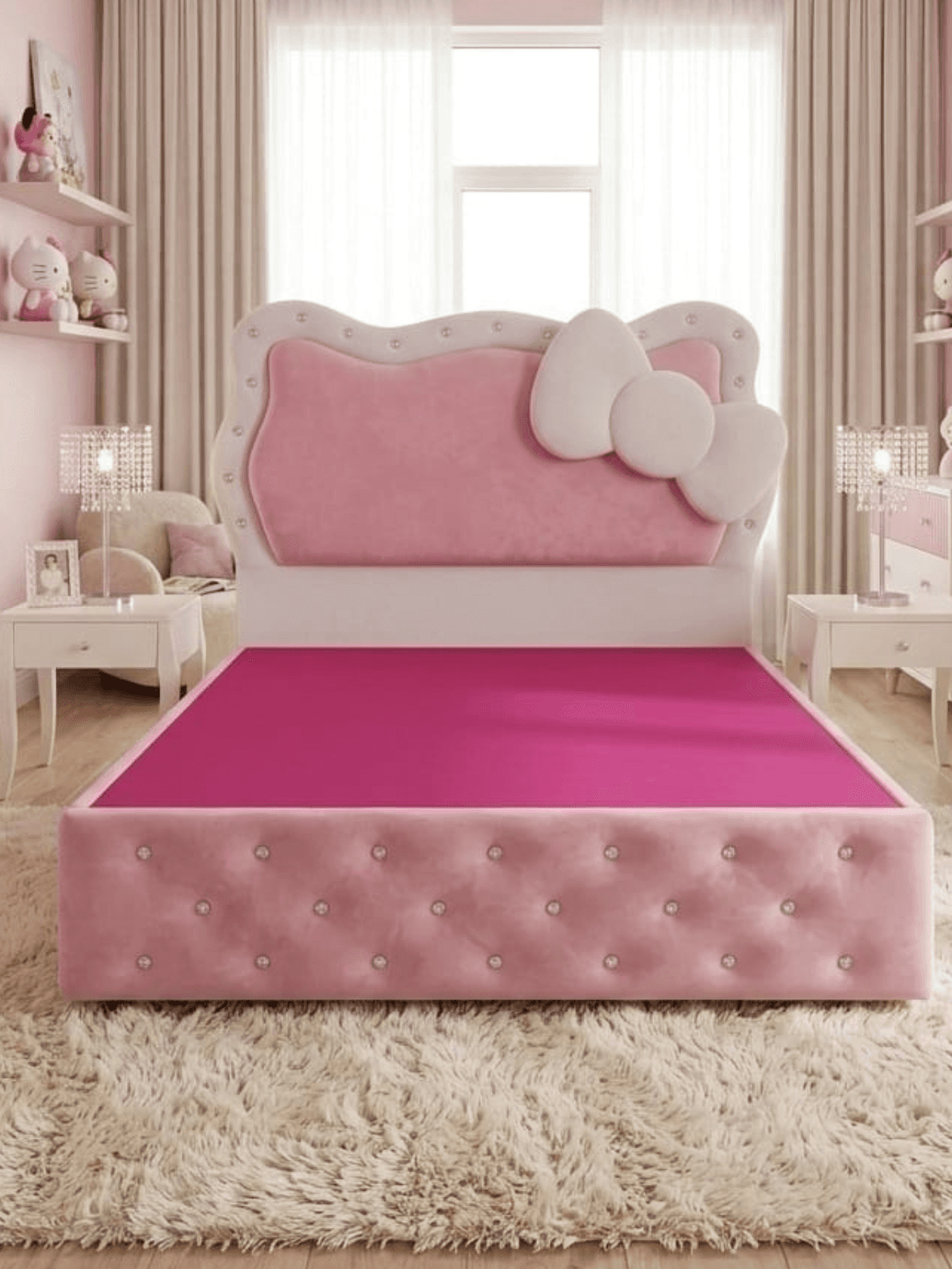 Hot pink velvet bed with a scalloped headboard, a soft-sculpted bow and crystal-button tufting across the footboard