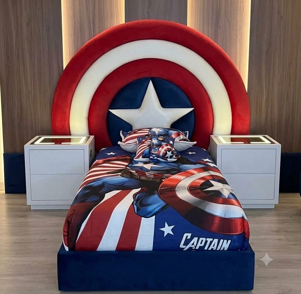 Captain America Bed seen head-on, its concentric red, white and blue velvet headboard centred on a padded star above a navy upholstered base