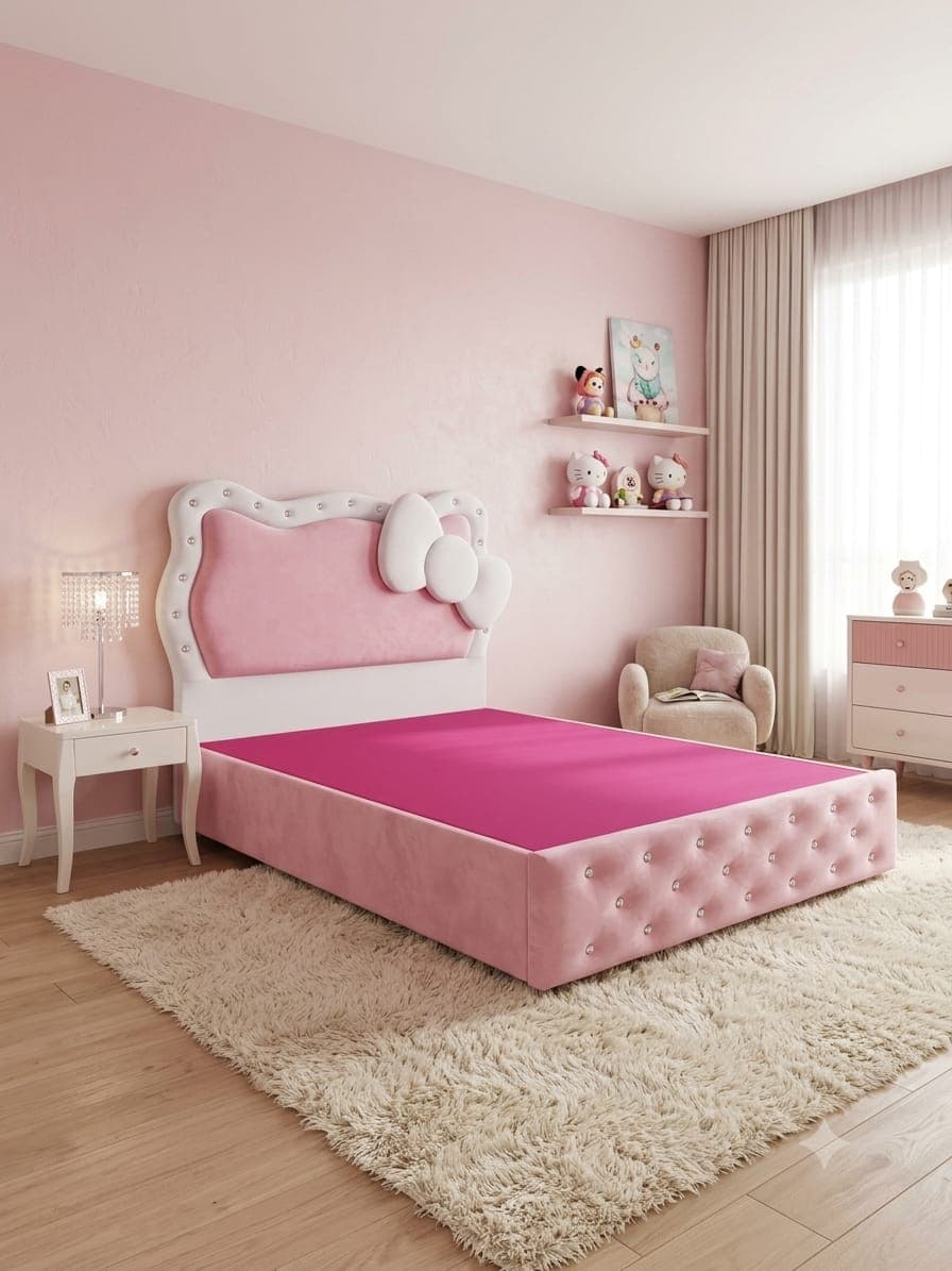 Hello Kitty Bed in a pink bedroom, its scalloped white and pink headboard trimmed with crystal-style studs and finished with a sculpted bow at one side