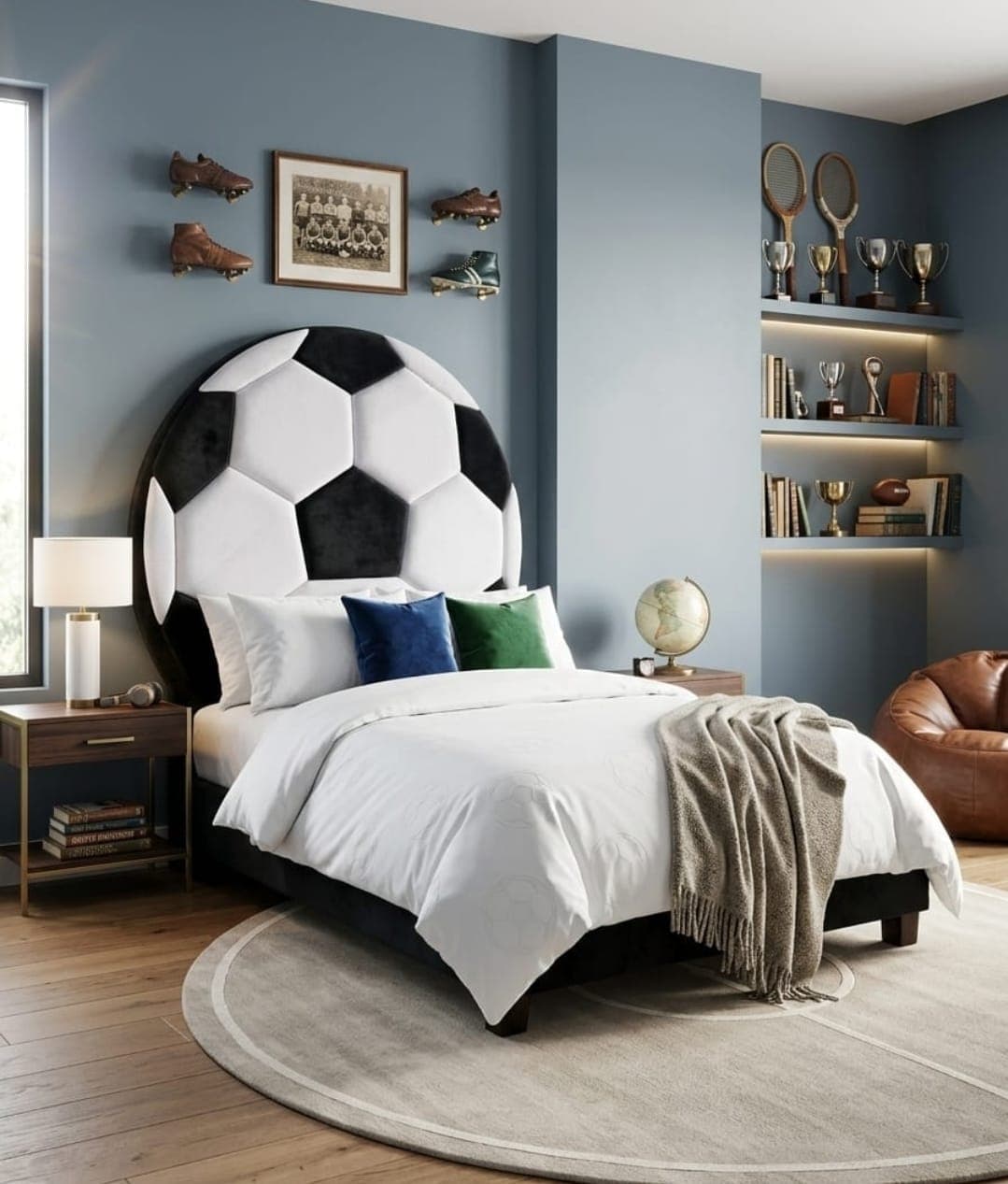 Soccer Bed in a blue-walled room, its round headboard upholstered as a black and white ball in panelled velvet above a dark base