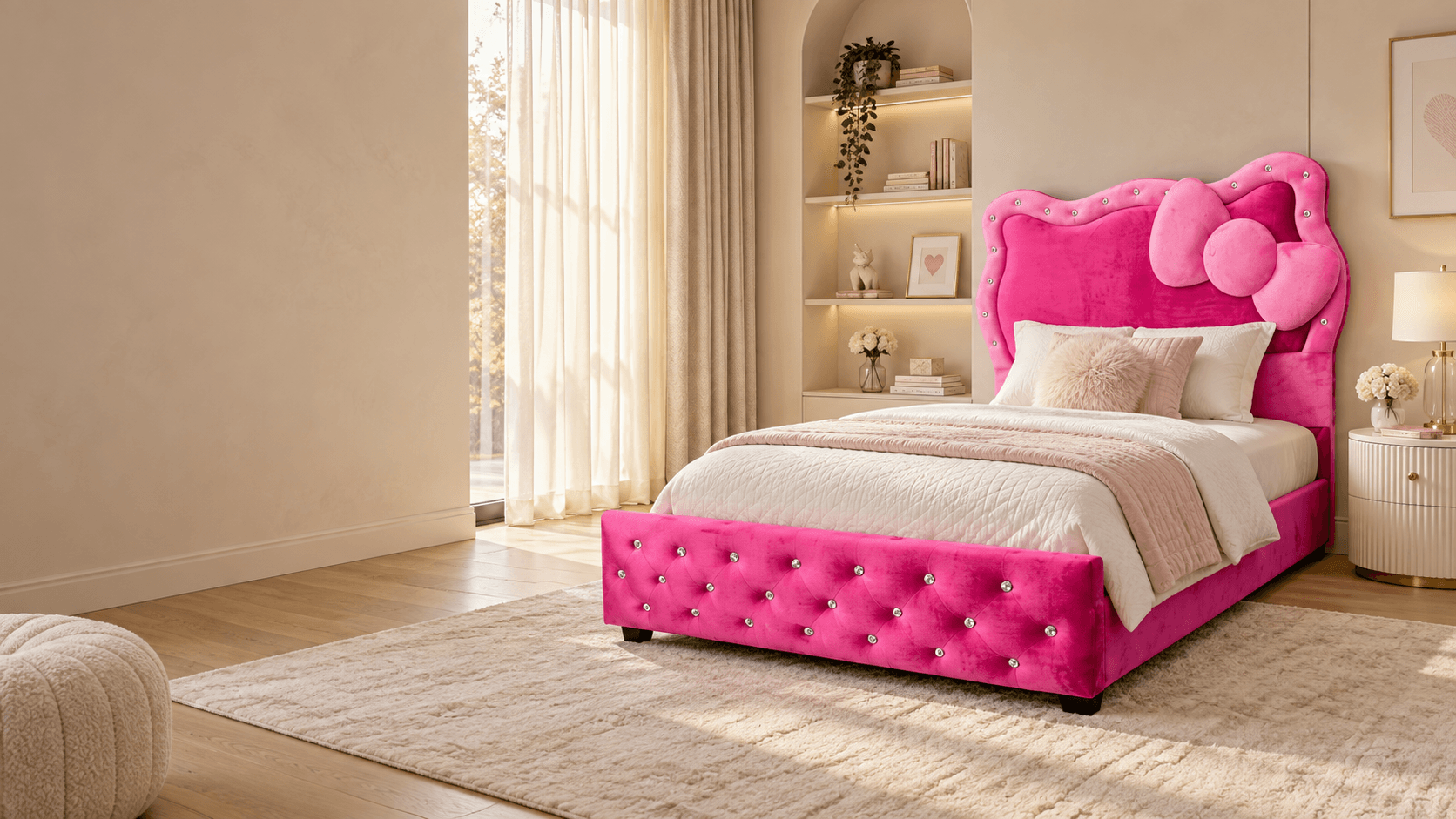 A Pink Bow Bed with a soft-sculpted upholstered headboard, styled in a decorated bedroom